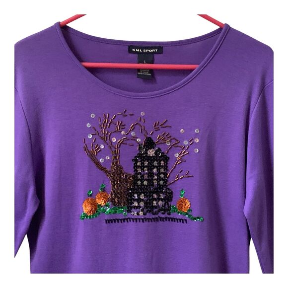 Women's Halloween T-Shirt LARGE Purple Haunted House Beaded Sequins Long Sleeve - Picture 2 of 16